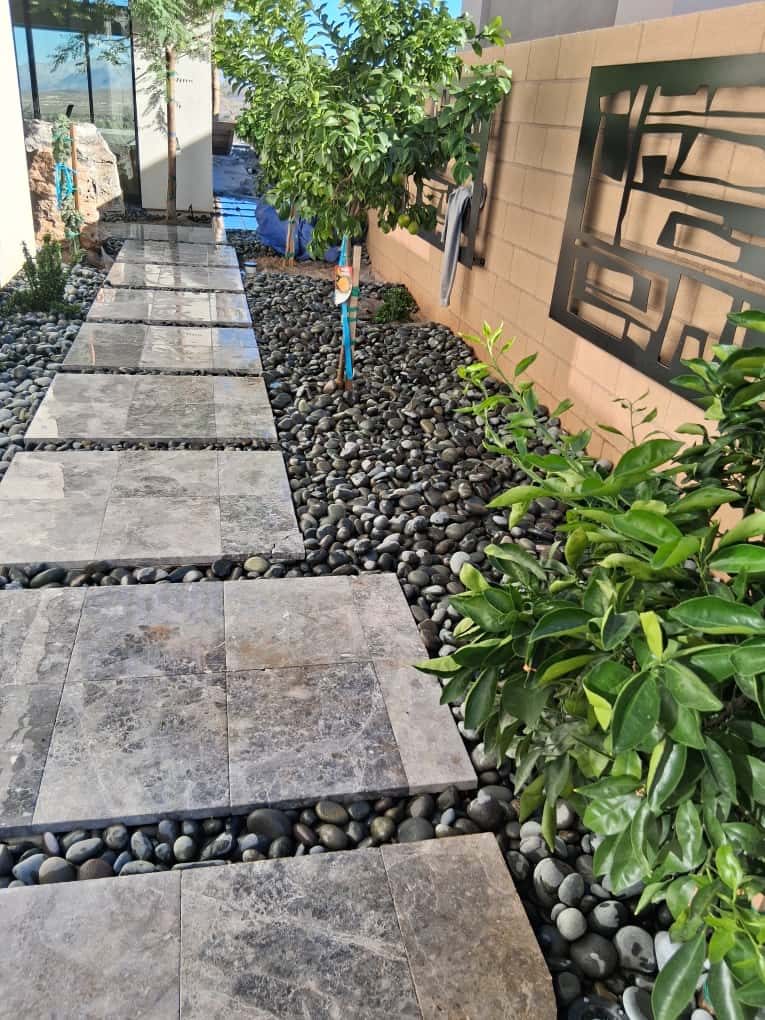 Stone pathway with river rock desert landscaping in Lake Las Vegas, Henderson NV